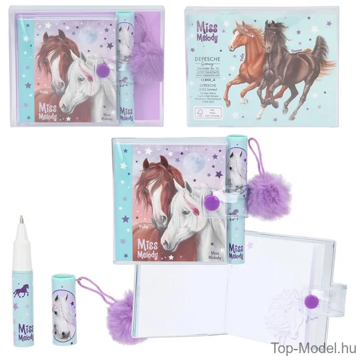 Kép 1/4 - Miss Melody Mini Notesz Golyóstollal, lila pomponnal