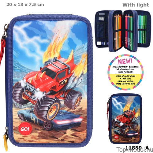 Kép 1/8 - Monster Cars Háromemeletes Töltött Tolltartó Leddel