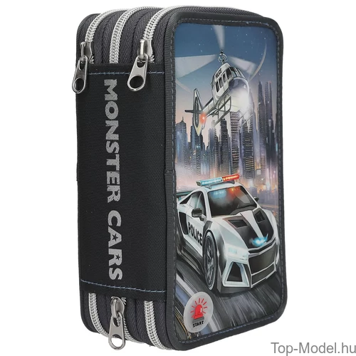 Kép 4/5 - Monster Cars 3 Emeletes Töltött Tolltartó Rendőrautó LED-el