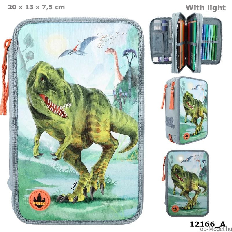 Dino World 3 emeletes Töltött Tolltartó Leddel T-Rex