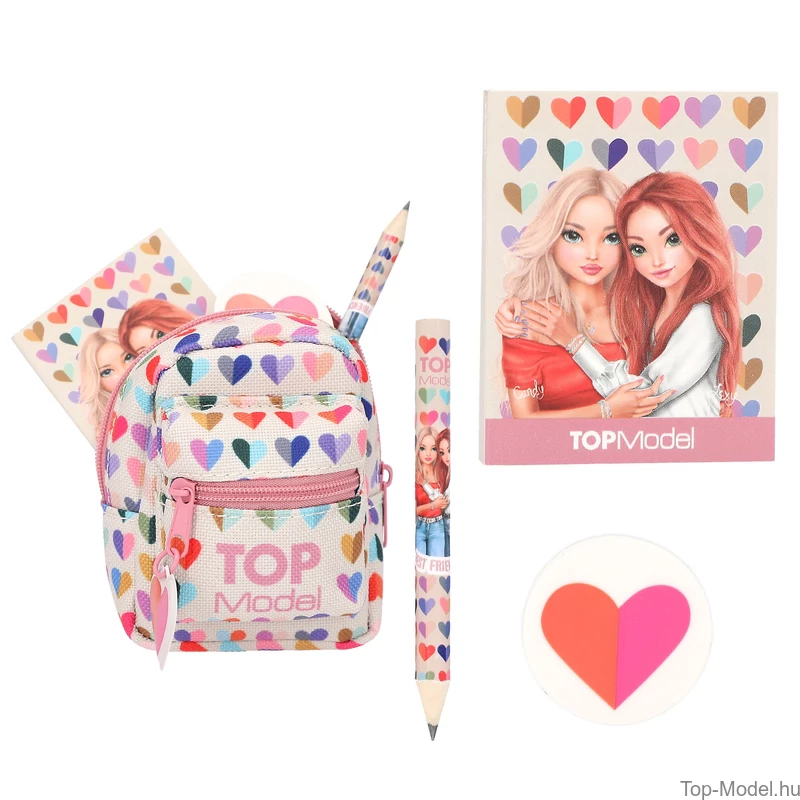 TOPModel Mini Hátizsák Kulcstartó Írószerrel, Szívecskés